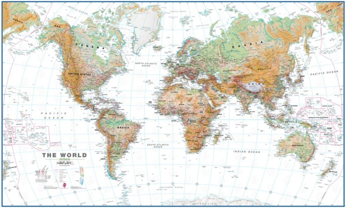 Maps International maailma üldgeograafiline kaart valge merega
