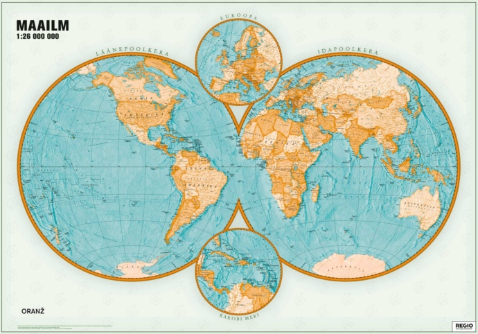 Regio poliitiline maailma poolkerade kaart, oranž