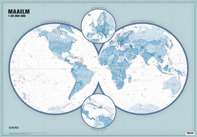 Regio poliitiline maailma poolkerade kaart, sinine