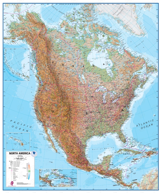 Põhja-Ameerika füüsiline kaart Maps International