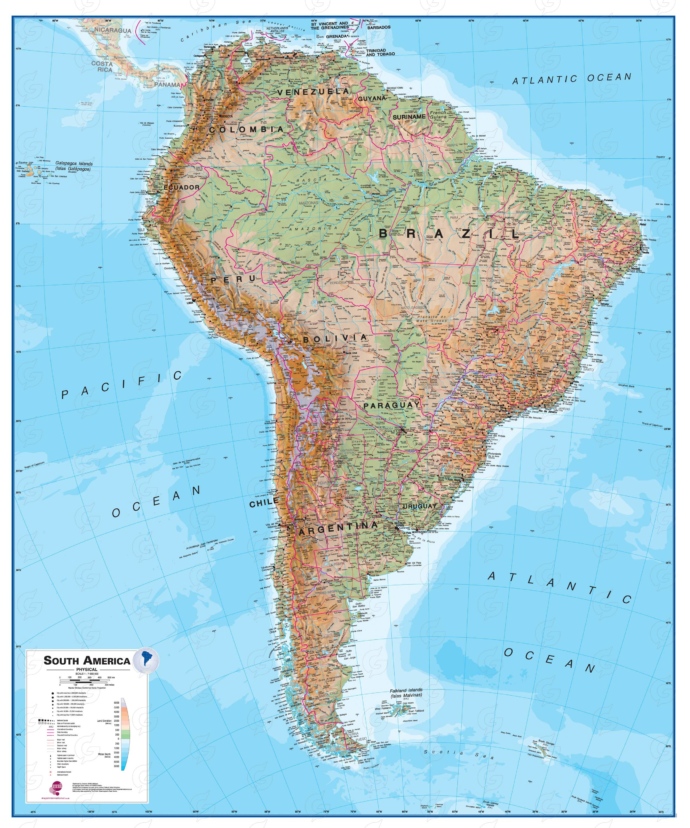 Lõuna-Ameerika füüsiline kaart Maps International