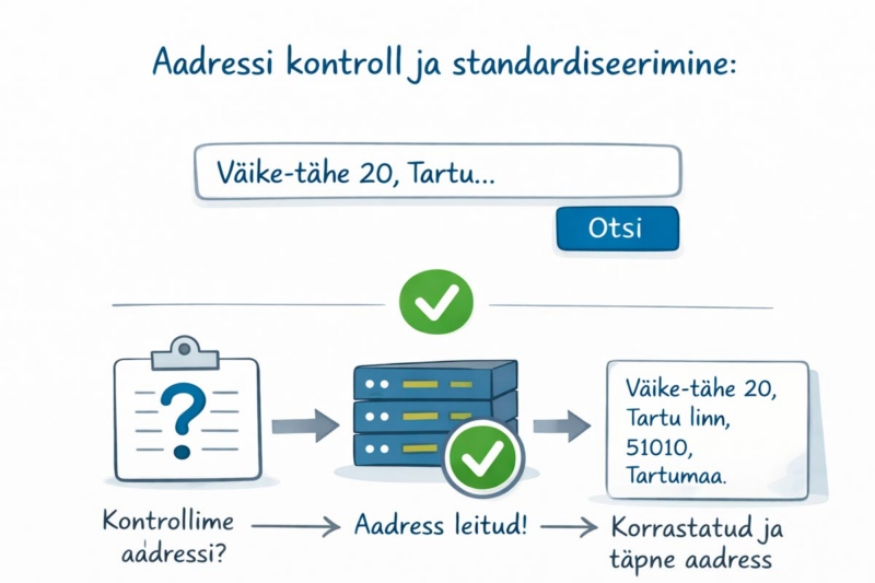 Joonis - aadressi kontrollimine API abil. Sisestatakse täpne või ligikaudne aadress, mille sarnaseid otsitakse APIga seotud andmebaasist ning tagastatasek korrastatud ja täpne aadress.