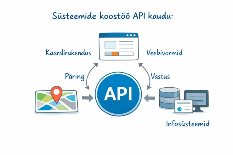 Joonis - süsteemide koostöö API kaudu. Kaardirakendusest või veebivormist läheb päring andmebaasidesse, ning sealt leitud info kuvatakse vastavalt kokkulepitud protokollidele.