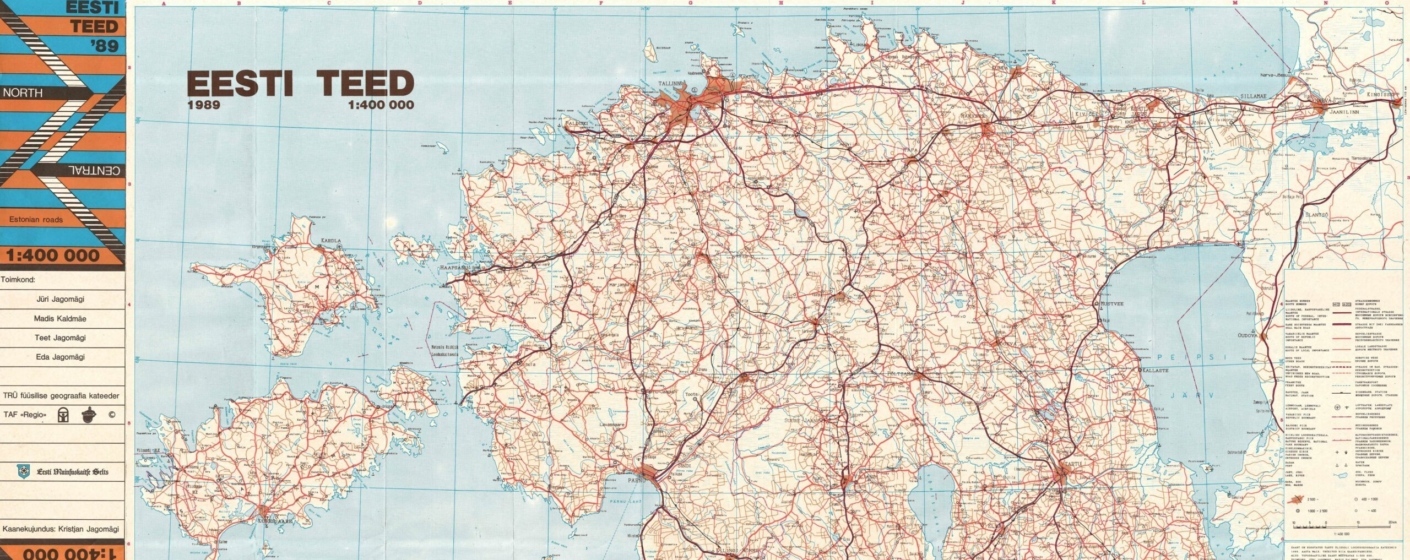 Fragment of the first map under the Regio name - folded road map of Estonia